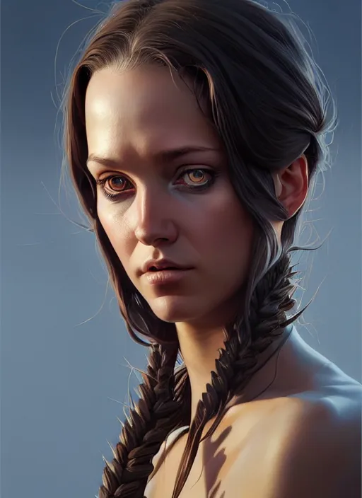 Image similar to hyper - realistic portrait of a female hunter, symmetrical face and body, symmetrical composition, dynamic wavy hair, detailed designs, digital painting, 4 k, by ilya kuvshinov, by greg rutkowski, atmospheric lighting