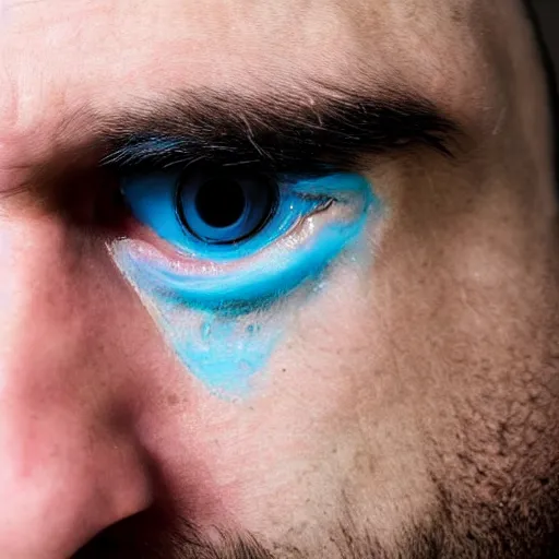 Image similar to fish eye lens close up photograph of a man with blue skin and a goatee side eyeing the camera with a sympathetic look