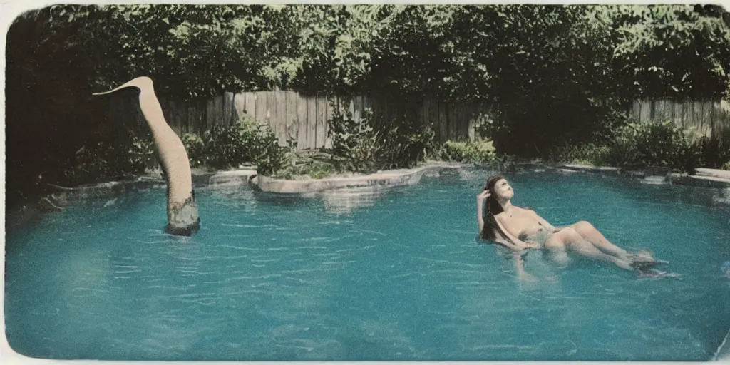 Image similar to a mermaid in pool in a backyard, slightly burn-damaged polaroid photograph, circa 1997