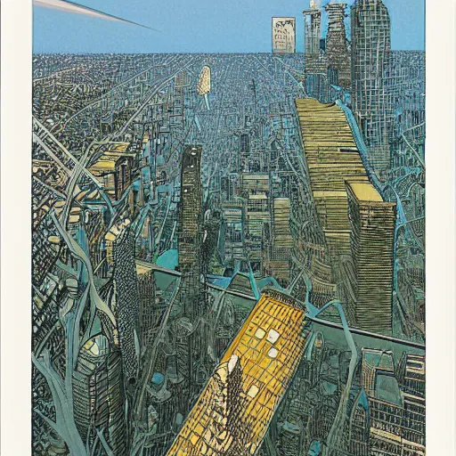 Image similar to city of the future in harmony with nature. Beautiful detailed illustration by moebius (1975).