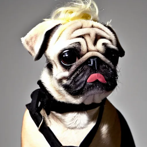 Prompt: pug with a blonde wig like dolly parton playing guitar