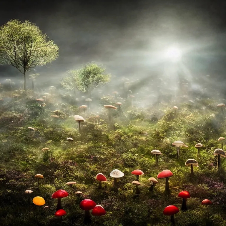 Image similar to a planet of various fungus like trees, mushrooms, flowers and plants, artistic photography, conceptual, long exposure outside the city, volumetric light