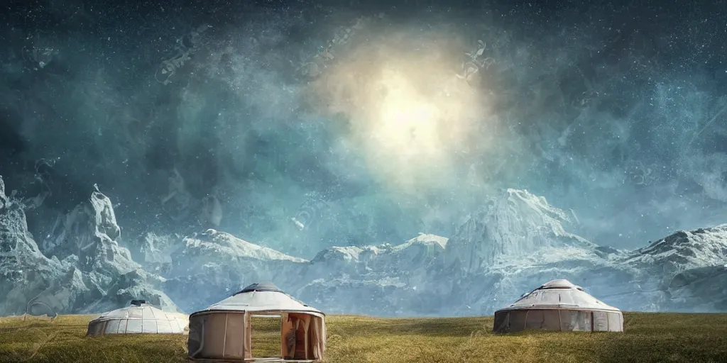 Image similar to science fiction high-tech yurt, beautiful fantasy landscape with depth-of-field