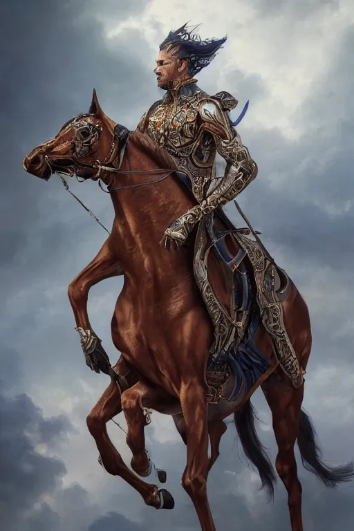 Image similar to 3 quarter view photography portrait of a prince stalion horse , organed, tatooed, intricate details, muscles, elegant, divine, illustrated by greg rutkowski and Akira Saito and Peter mohrbacher, 4k,