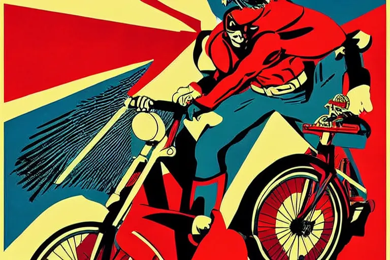 Prompt: a propaganda style poster to ban superheroes from riding bikes. by shepard fairey. in brilliant technicolor.