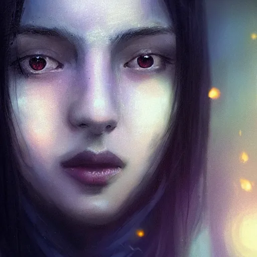 Prompt: Masterpiece portrait of an aesthetic beautiful! realistic black haired priestess, 30 years old woman, praying, soft cinematic light, digital painting by WLOP, atmospheric effects, fireflies, 4K, octane render, artstation, deviantart, closer view, dark purple blue tones