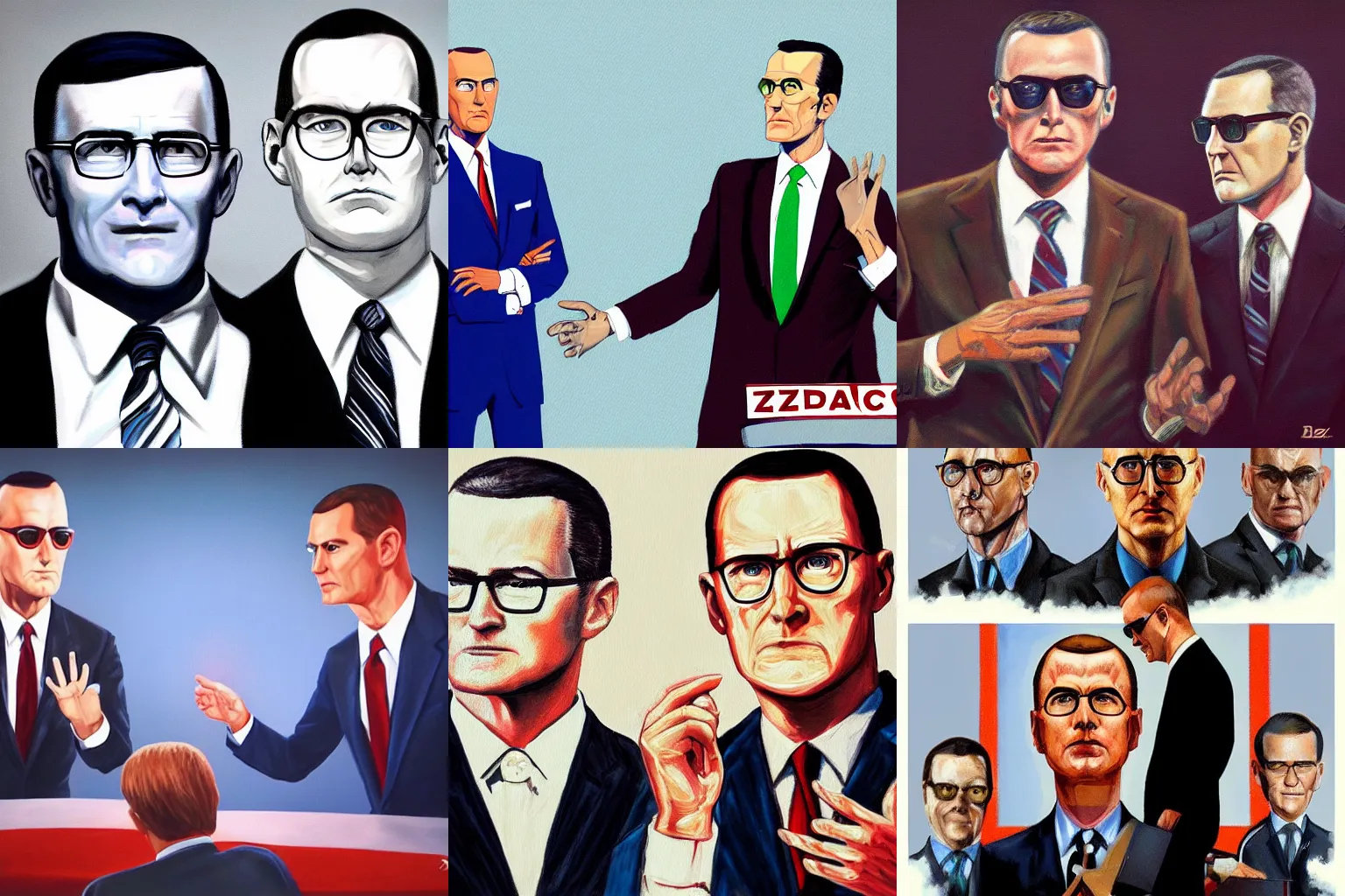 Prompt: Still image from the 2024 Presidential Debate between D. B. Cooper and the Zodiac Killer, photorealistic painting, trending on artstation