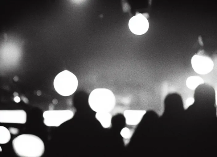 Image similar to a 2 8 mm macro photo from the back of a crowd at a nightclub in silhouette in the 1 9 7 0 s, bokeh, canon 5 0 mm, cinematic lighting, dramatic, film, photography, golden hour, depth of field, award - winning, 3 5 mm film grain
