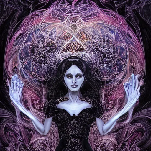 Prompt: a beautiful depiction of the goddess Lilith, mystical third eye, dressed in flowing black clothing, black fractal filigree, by James Jean and Dan Seagrave, occult, stunning, psychedelia