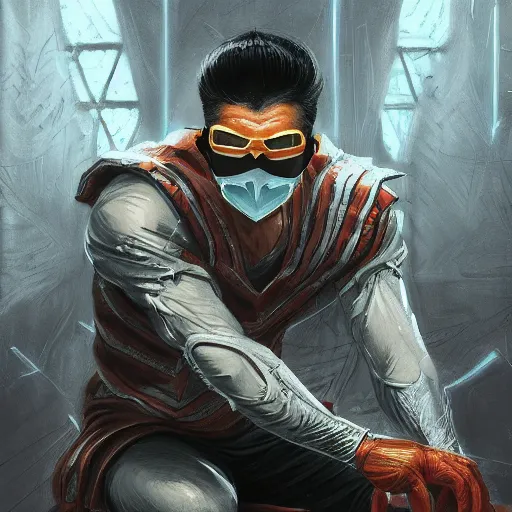 Image similar to an insanely detailed painting of a asian man wearing a homemade superhero costume and mask, sitting at a computer desk typing on the keyboard, in the style of peter mohrbacher, dramatic lighting and composition, trending on artstation, concept art, comic book, graphic novel, back view