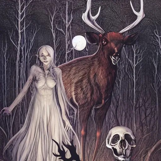 Prompt: an epic horrific wiccan gothic painting of a mother - nature witch cult woman wearing a deer skull, in a moonlit forest by gerald brom by junji ito by vanessa lemen by charlie bowater