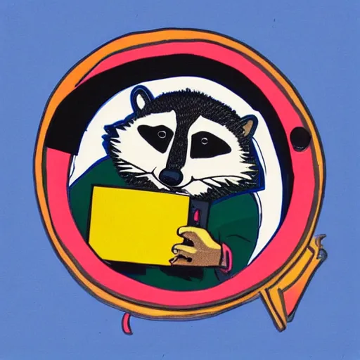 Image similar to medium - shot, low - angle, photo of a anthropomorphic raccoon wearing a bright hoodie, holding a vinyl record, 8 0 - s fashion, colored, polaroid photo, by warhol,