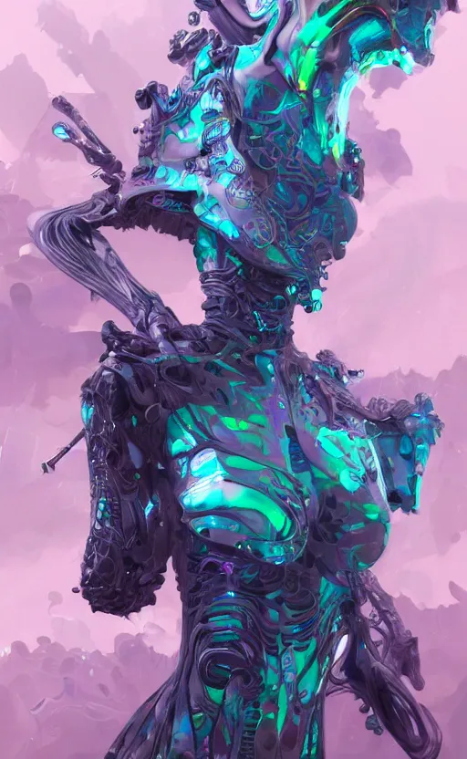 Image similar to hard surface form fused with organic form fashion outfit design, rainbow iridescent accents, full body frontal view, Peter mohrbacher, zaha hadid, tsutomu nihei, emil melmoth, zdzislaw belsinki, Craig Mullins, yoji shinkawa, trending on artstation, beautifully lit, hyper detailed, insane details, intricate, elite, ornate, elegant, luxury, dramatic lighting, CGsociety, hypermaximalist, golden ratio, octane render, weta digital, micro details, ray trace, 8k,