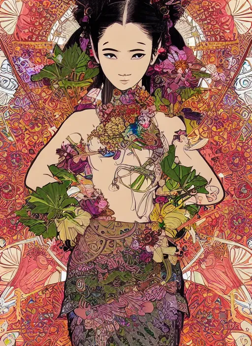 Image similar to beautiful floralpunk balinese cyborg portrait girl female illustration detailed patterns art of bali traditional dress, flower pop art, floral splash painting, art by geof darrow, ashley wood, alphonse mucha, makoto shinkai