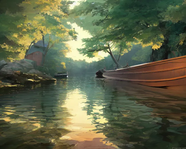 Image similar to a wooden boat in a very narrow river, trees, shady, ripples, reflections. By Makoto Shinkai, Stanley Artgerm Lau, WLOP, Rossdraws, James Jean, Andrei Riabovitchev, Marc Simonetti, krenz cushart, Sakimichan, trending on ArtStation, digital art.