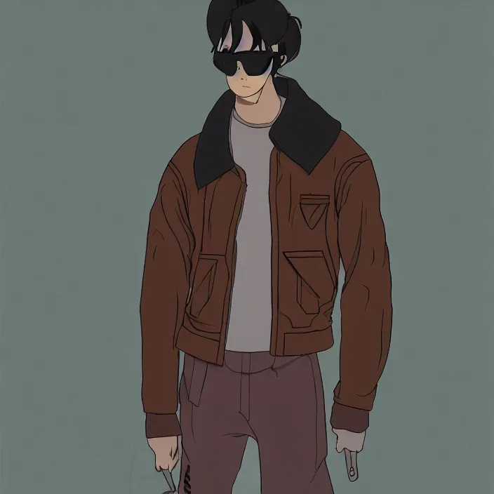 Image similar to cantido joseph nandaba wearing a leather bomber jacket, black sweatpants, studio ghibli, character design, high resolution