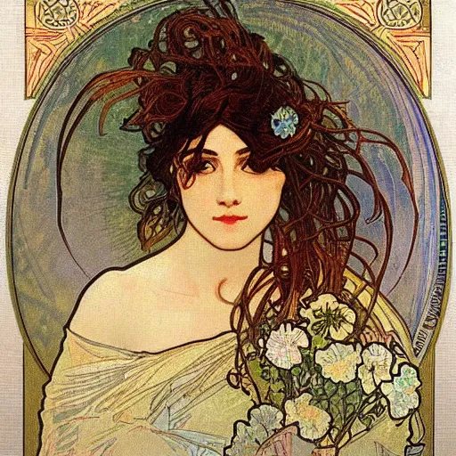 Image similar to a beautiful handmade embroidery of a woman by alphonse mucha. hand embroidery.