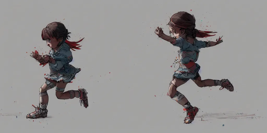 Image similar to cartoonish little girl running, vivid colors, character sheet, fine details, concept design, contrast, kim jung gi, greg rutkowski, trending on artstation, 8 k, full body, turnaround, front view, back view, ultra wide angle