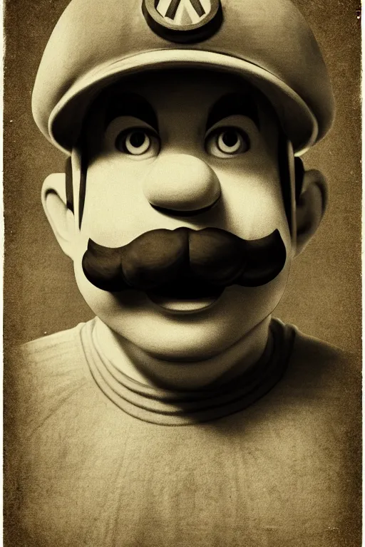 Image similar to nintendo mario, portrait, full body, symmetrical features, silver iodide, 1 8 8 0 photograph, sepia tone, aged paper, master prime lenses, cinematic