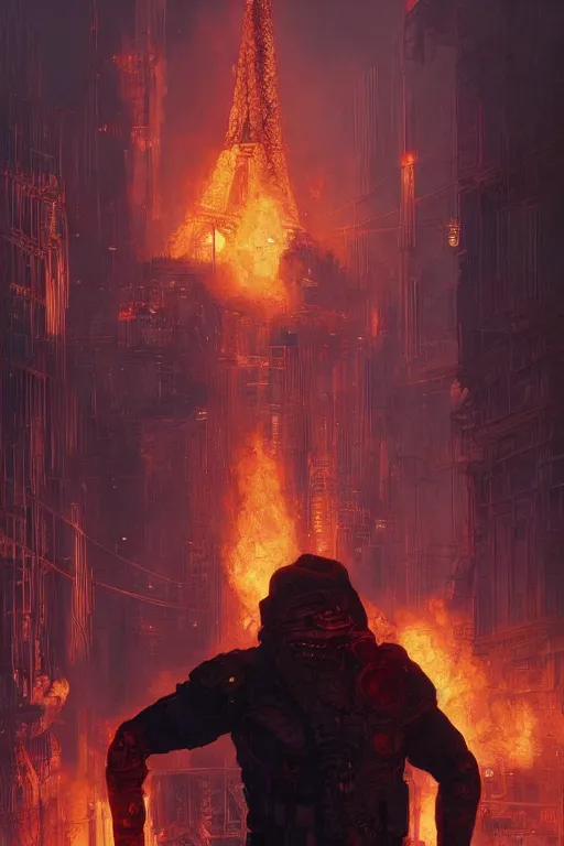 Image similar to in the foreground a brown man from behind with flames in his hands second plan paris in cyberpunk, intricate, highly detailed, digital painting, artstation, concept art, matte, sharp focus, illustration, art by artgerm and greg rutkowski and alphonse mucha