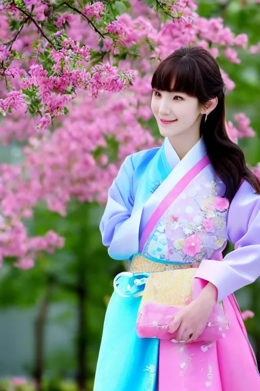 Prompt: pretty korean woman wearing beatiful hanbok, bright pastel colors