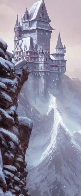 Image similar to a painting of a castle in the middle of a snowy mountain, a detailed matte painting by andreas rocha and greg rutkowski, featured on artstation, fantasy art, matte drawing, matte painting, artstation hq