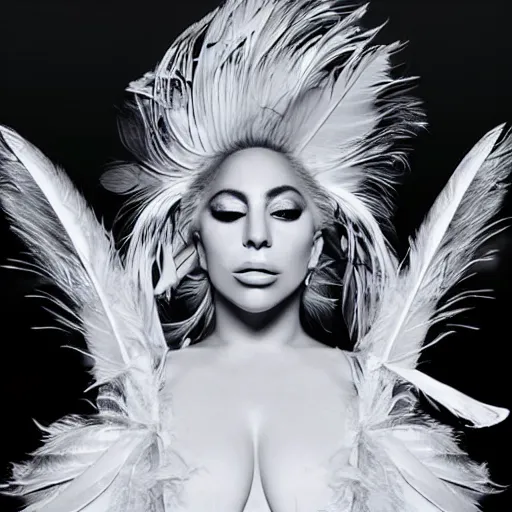 Image similar to lady gaga in a white dress with a plastic bag over her shoulder, a hologram by Alexander McQueen, featured on polycount, gothic art, made of feathers, ethereal, angelic photograph