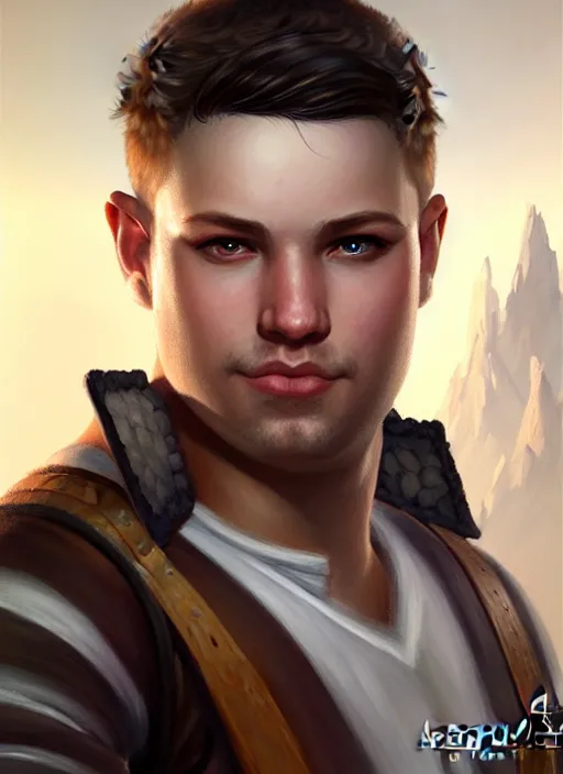 Prompt: a _ fantasy _ style _ portrait _ painting _ of slightly chubby white male very short hair short stubble, brown hair, rpg dnd oil _ painting _ unreal _ 5 _ daz. _ rpg _ portrait _ extremely _ detailed _ artgerm _ greg _ rutkowski _ greg