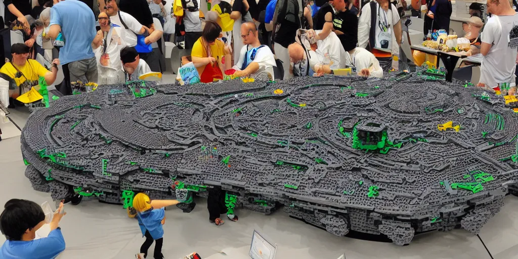 Prompt: wide shot lens photo of a very intricately detailed and epically shaped 3. 5 meter long hovercraft the nebuchadnezzar from the matrix attacked by squid sentinels lego sculpture designed by a master builder as displayed at a lego convention, low angle shot.