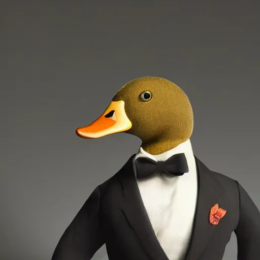 Image similar to a high detail photo of an antropomorphic duck wearing a suit, subject= duck, subject detail: wearing a suit, photorealism