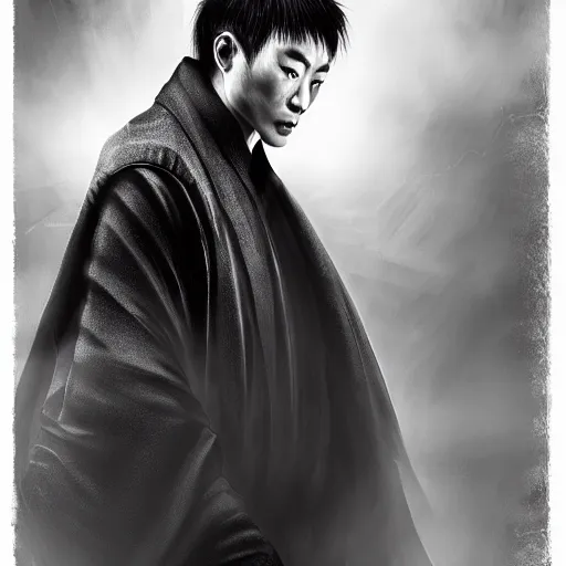 Image similar to portrait painting of a 2 5 - year - old chinese man, taoist priest, dressed in black and white taoist robe, like andy lau, immortal bone, affable ， wenjun lin, unreal engine 5 highly rendered, global illumination, radiant light, detailed and intricate environment