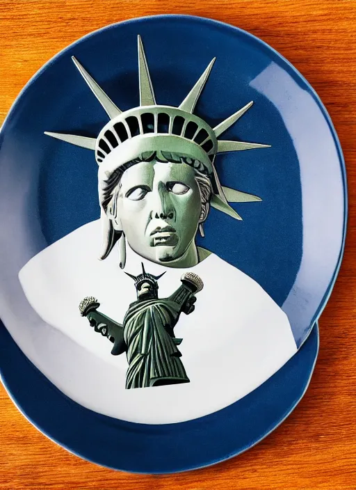 Image similar to Tom Waits eating a miniature Statue of Liberty on a plate in a restaurant, color photograph portrait 4k