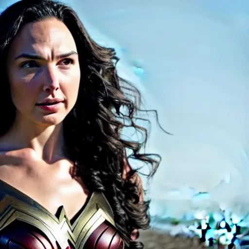 Prompt: a still of gal gadot a beautiful looking off into the distance, wavy long - length black hair, white themyscira dress, beautiful brown eyes, medium shot, with a soft, natural light falling on her face. the focus is on her eyes and brows, which are perfectly shaped and well - defined. by annie leibowitz