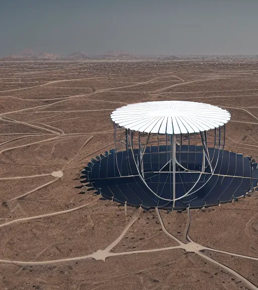 Image similar to dominador radial vertical solar power plant in the desert, spatial structure, former gasometer in rome, white sheets, trending on artstation, behance, octane render, award winning, archviz, matte painting, epic