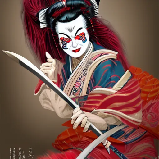 Image similar to an epic portrait of insane kabuki wielding a spear while striking a pose, magical aura of insanity driving beasts insane, intricate hakama, red wig, detailed face with crossed eyes, high energy, trending on artstation, detailed concept art,