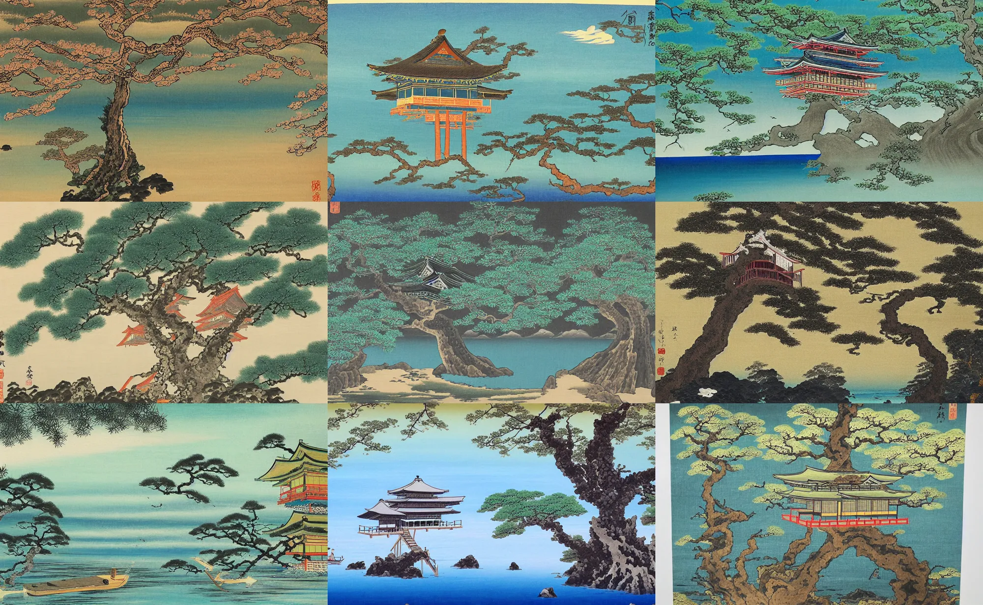 Prompt: japanese painting of a mystical island treehouse on the ocean