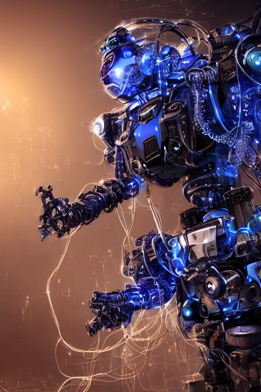 Image similar to a portrait of a extremely intricately detailed beautiful robot lots of cables and lights and connections, highly detailed perfect render, realism. concept art. unreal engine 5, f / 1. 8, v - ray, ultra hd, 8 k, atmospheric beautiful background and beautiful lighting. iron forge background lots of sparks and fire. hyper realism.