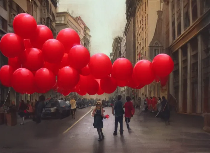Prompt: wide angle street scene shot todd solondz a young girl holds dozens of red balloons by their strings, impressionistic, todd solondz, alphonse mucha, rhads, rebecca guay, artstation, artgerm, octane render,
