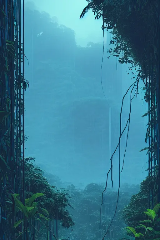 Image similar to emissary city in a jungle with a soft blue hue uder glow to the leaves, rain falling, vines, by arthur haas by james gilleard and laurie greasley, textured, cinematic matte painting, zaha hadid building, photo realism, dark moody color palate, blue hour stars, desolate glacial landscape,