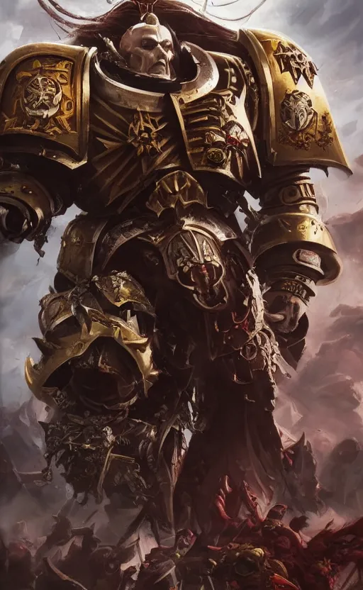 Image similar to warhammer 40k Emperor of Mankind, half-length portrait, beautiful face, long hair, illustration, fine details, cinematic, highly detailed, octane render