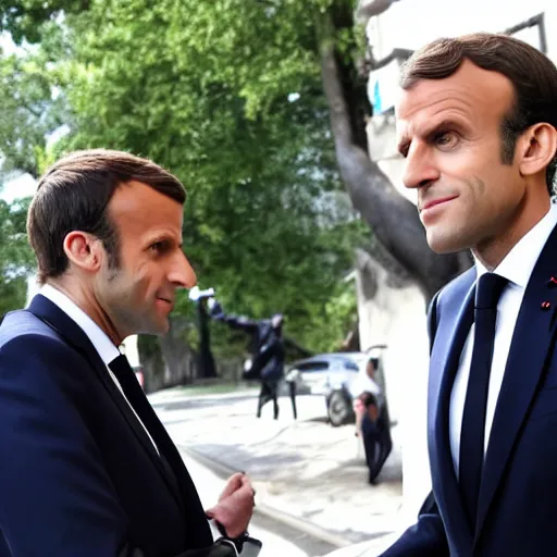Prompt: Emmanuel Macron dodging bullets in Matrix 5