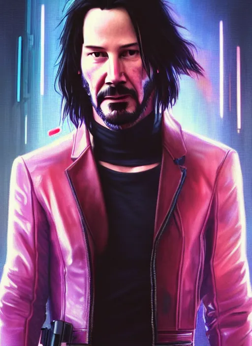 Image similar to portrait of Keanu Reeves as a character in Cyberpunk 2077, looking at camera, intricate, elegant, sci-fi, extremely detailed, digital painting, artstation, concept art, smooth, sharp focus, illustration, ambient lighting, incredible art by artgerm and greg rutkowski and alphonse mucha and simon stalenhag