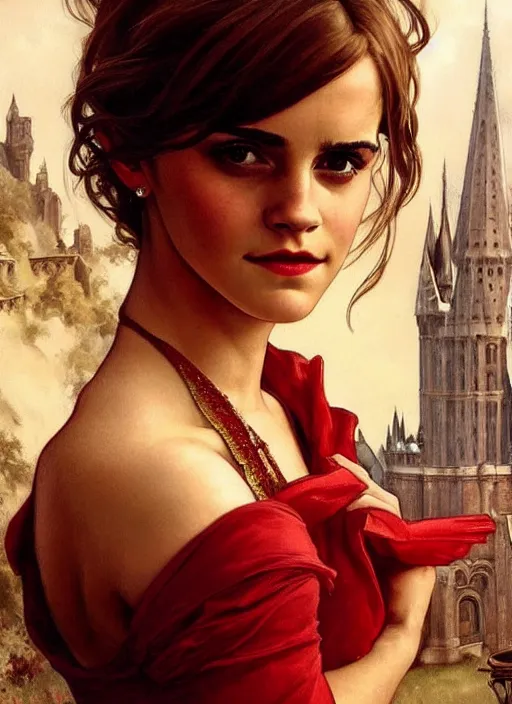 Image similar to oil painting of emma watson giving seductive look wearing red and gold. hogwarts in background beautiful detailed face. by artgerm and greg rutkowski and alphonse mucha