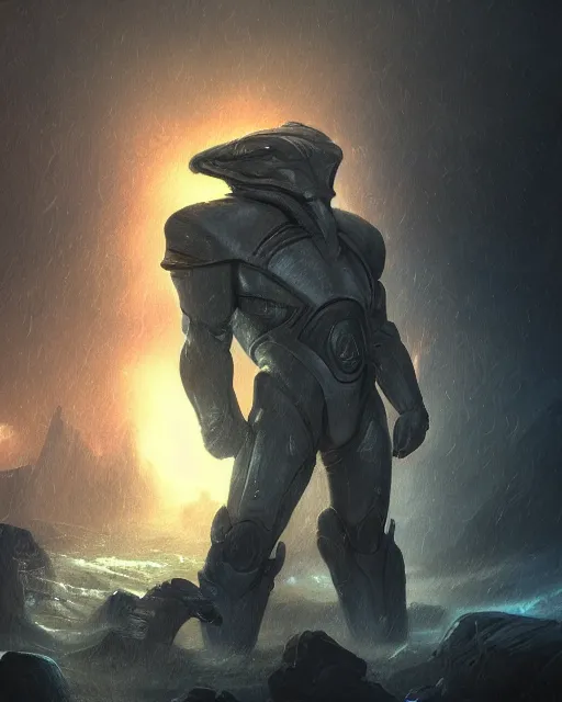 Image similar to oil painting of sci-fi Krogan in thunderstorm, sharp focus, holding sci-fi rifle, magical aura, heroic pose, fantasy style, octane render, volumetric lighting, 8k high definition, by greg rutkowski, highly detailed, trending on art Station, magic the gathering artwork, Spaceship hallway background, centered, horror, sci-fi artwork, demonic