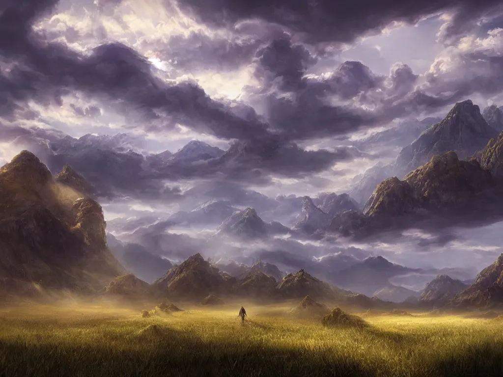 Image similar to a cinematic landscape view looking at an open field with a dragon flying above, mountains in the distance, the sun shines through the parted clouds, digital painting, fantasy, art by alexandre mahboubi and christophe oliver