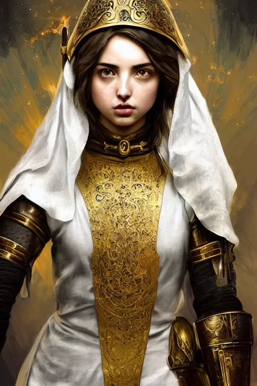 Image similar to ana de armas beautiful and victorian and holy and divine and elite young medieval female white armor knight portrait +shiny eyes+front face with long flowing hair, white hair, ultradetail face, gold filigree, body covered in fire, art and illustration by tian zi and craig mullins and WLOP and alphonse mucha, fantasy, sci-fi, intricate complexity, human structure, human anatomy, fantasy character concept, watermark, blurry, hyperrealism 8k, warm golden backlit