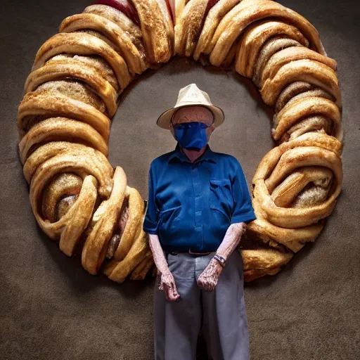 Image similar to an elderly man wearing a mask made from cinnabon, bold natural colors, national geographic photography, masterpiece, 8 k, raw, unedited, symmetrical balance