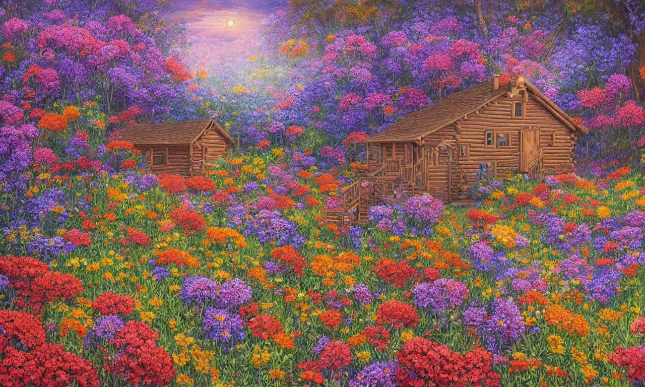 Prompt: a cabin in a mystical field of flowers, oil on canvas, intricate, hd, digital art, complementing colors, detailed, illustration painting by alex gray, digital art, moebius