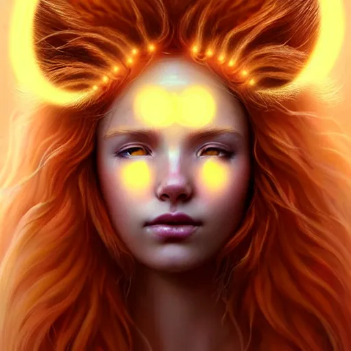 Image similar to Portrait of a girl angel with pale orange colored frizzy strands of illuminated hair, cat ears on her head, glowing halo, Lion's Mane, Lion's Gate, 8/8, fantasy, intricate, elegant, highly detailed, digital painting, artstation, concept art, smooth, sharp focus, illustration, art by Krenz Cushart and Artem Demura and alphonse mucha