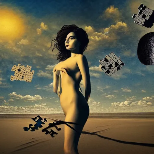 Image similar to A surreal painting of a puzzle of a beautiful woman on a desert beach with scattered puzzle pieces by Salvador Dali, dark vibes, high contrast, cinematic, depth of field